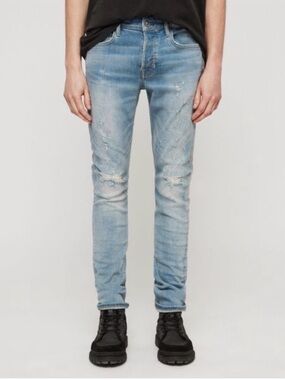 All Saints Cigarette Damaged Skinny Jeans Light Indigo Men's